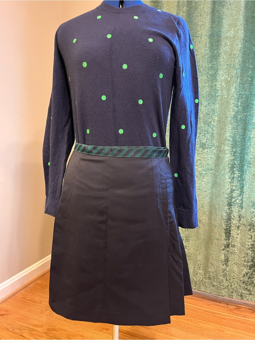 Brooks Brothers Red Fleece Wool, Navy Wrap Skirt with Embellished Waistband
